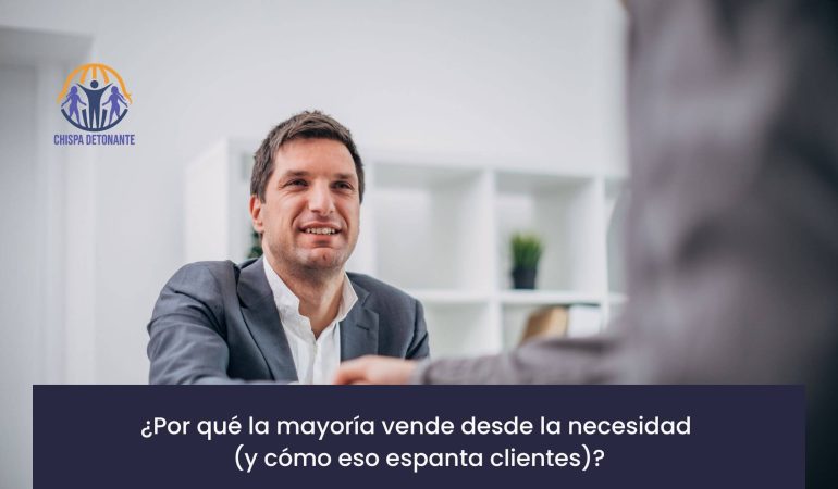 Profesional vendiendo con seguridad y confianza durante una reunión comercial aplicando neuroventas auténticas de CHISPA DETONANTE.